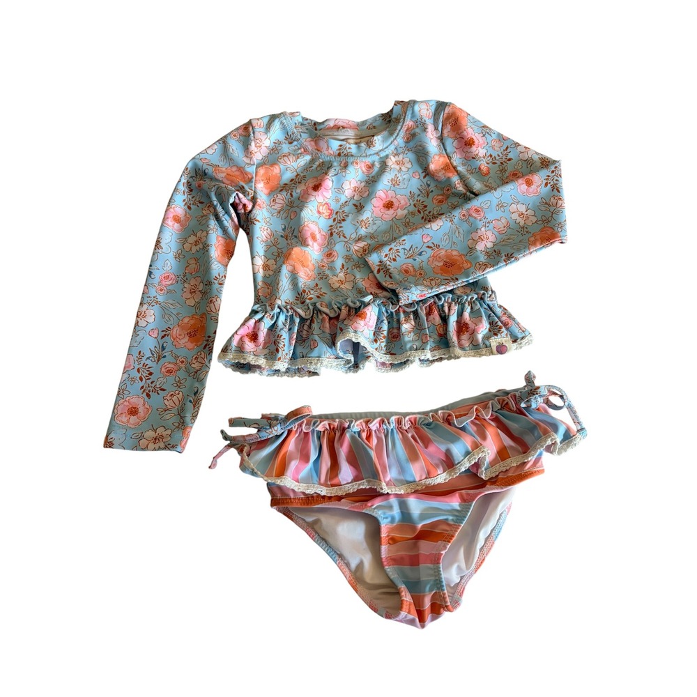 Cheeky Plum Girls Long Sleeve Floral Rash Guard & Striped Ruffle 2Piece Swim 4T